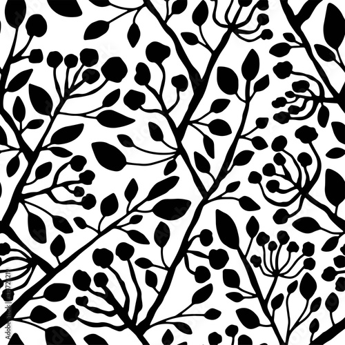 Blooming tree branches with flowers and leaves black and white seamless pattern vector. Decorative natural spring surface design. Perfect for textile, wallpaper, sheet set, table cloth, tea towel, etc © Anastasia Rybalka