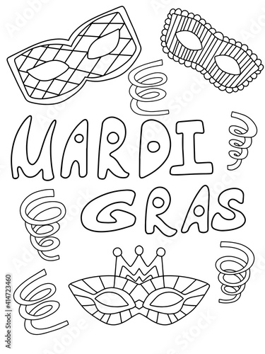 Mardi Gras set with venetian masks, serpentines and lettering black and white stock vector illustration. Funny cartoon black outline isolated on white for coloring pages, posters, cards, stickers, etc