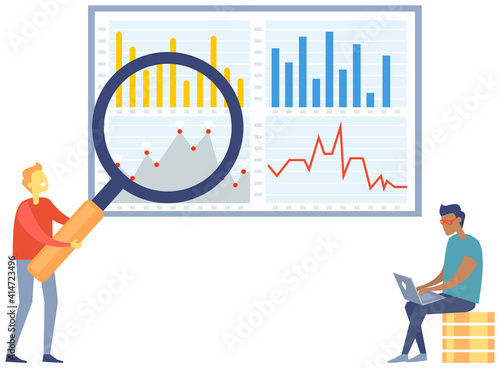Men with magnifying glass analyze statistical indices on presentation with graph and charts on board, examines indicators of activity growth. Project management and financial report strategy