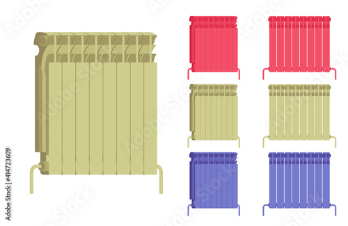 Modern wall mount radiator bright home heater set. Equipment to keep room, kitchen, bathroom, bedrooms warm. Vector flat style cartoon illustration isolated on white background, different colors, view