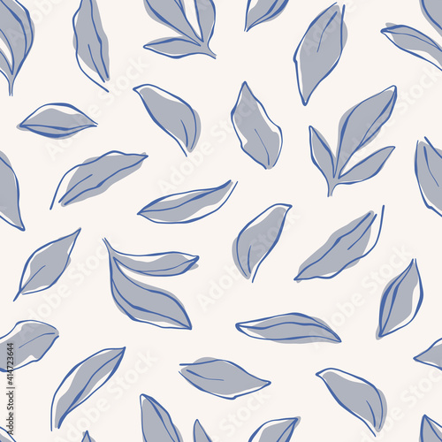 Line art seamless pattern with peony leaves and branches. Floral background in pastel color. Vector botanical pattern for wrapping paper  female prints and fabric. Colorful flat vector illustration