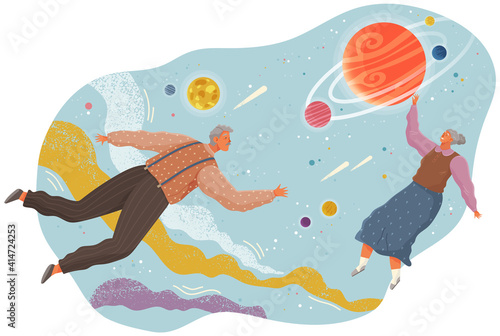 Elderly people flying to the stars in space with planets. Couple man and woman floating in imagination dreams. Male and female person flying in sky with planets wearing casual clothes flat vector