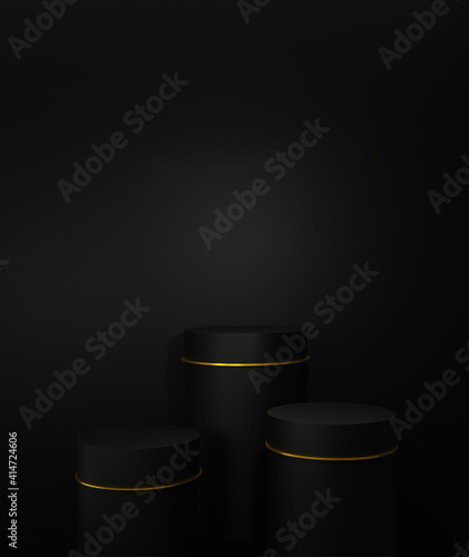 Abstract 3d rendering dark black background with geometric shapes, podium on the floor. Platforms for product presentation, background composition design, showcase, pedestal cosmetics