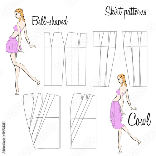 Skirt Bell and Cowl based patterns. A visual representation of styles of the skirts on the figure. Illustration of the design and pattern of women's skirts. Hand-drawn models.