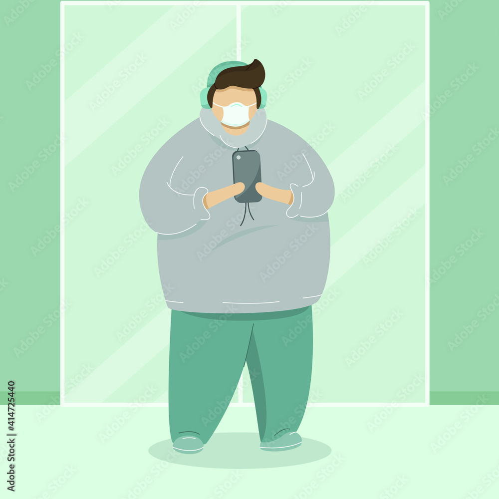 Young plus size man in headphones and medical face mask looks at his mobile phone. Body positive concept. Flat vector illustration. Young plus size man in headphones and medical face mask looks at his mobile phone. Body positive concept. Flat vector illustration.