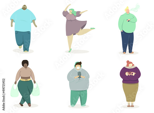 Different modern fat people set isolated on white background. Plus size people walking, dancing, smoking vape, holding donuts, wearing medical face mask and carries plastic bags. Flat vector.