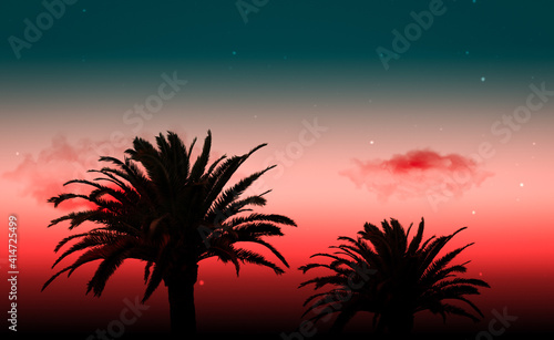 Fototapeta Naklejka Na Ścianę i Meble -  creative illustration palm trees at sunset creative 