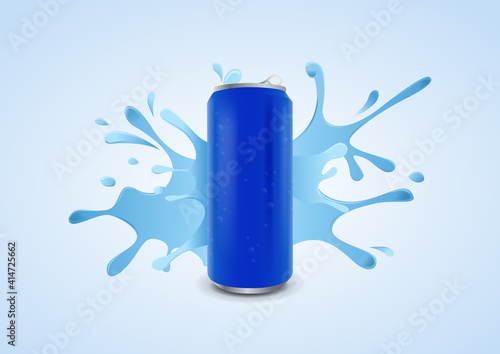 Blue ice cold soda can with water drops on splashing water background, vector illustration