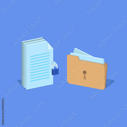 files and folder with padlock and keyhole, data encryption and data security concept, isometric vector illustration.