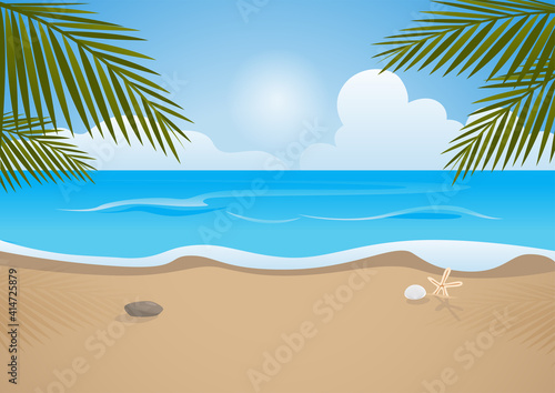 Tropical beach and palm, sea view, vector illustration