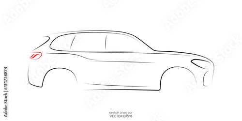 Modern SUV car sketch black line isolated on white background in side view. Vector illustration in concept technology electric car, self drive car