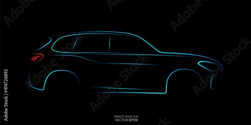 Modern SUV car sketch line silhouette blue and green light isolated on black background in side view. Vector illustration in concept technology electric car, self drive car