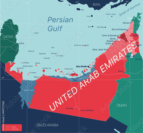 United Arab Emirates country detailed editable map with regions cities and towns, roads and railways, geographic sites. Vector EPS-10 file