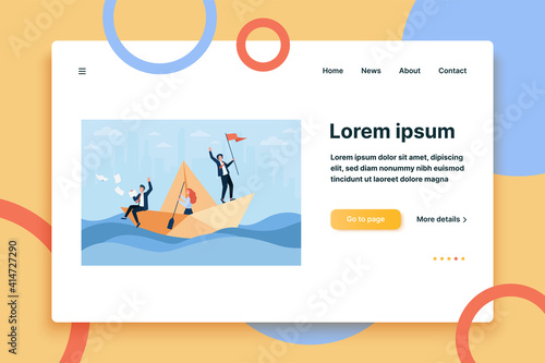 Successful business leader with flag sailing boat, his team using paddle. Colleagues and boss travelling in ocean of opportunities. Vector illustration for success, unity teamwork, leadership concept
