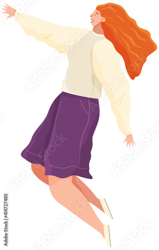 Cartoon female soaring and flying in the air dreaming person in movement pose isolated on white background. Woman floating in imagination dream. A girl flying in dreams or sky wearing casual clothes