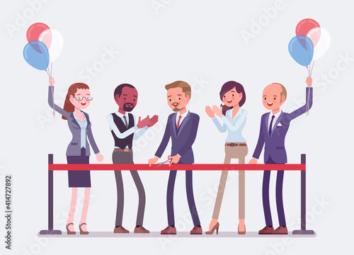 Ribbon cutting ceremony for business people. Diverse group of happy businessmen and businesswomen at grand festive ceremonial opening, brand-new project start. Vector flat style cartoon illustration