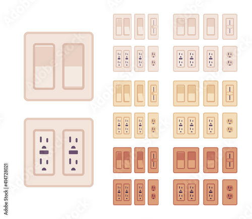 USA, Canada socket, wall light switch with wallplate set. American standard power special electric elements. Vector flat style cartoon illustration isolated, white background, different colors, view