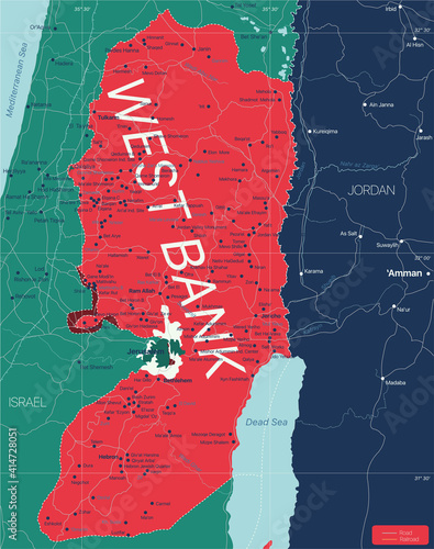 West Bank region country detailed editable map with countries capitals and cities. Vector EPS-10 file