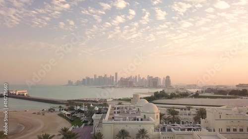 Aerial view of Doha cityscape during sunset, Qatar