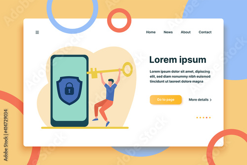 Tiny man unlocking mobile phone with golden key. Padlock, smartphone, lock flat vector illustration. Security and protection concept for banner, website design or landing web page