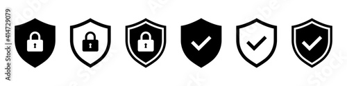 Set of security shield icons, security shields logotypes with check mark and padlock. Security shield symbols. Vector illustration. photo