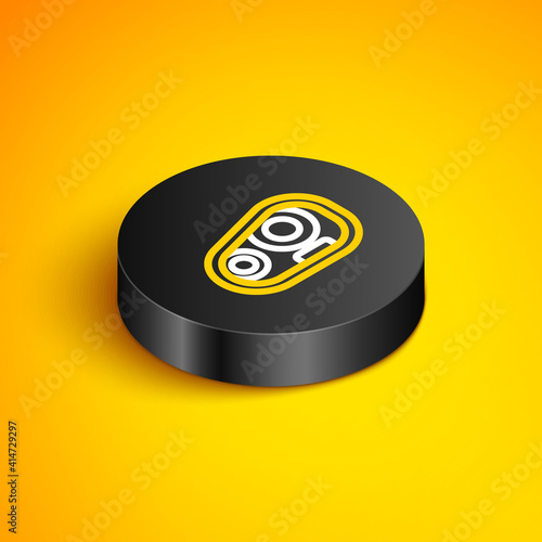 Isometric line Car headlight icon isolated on yellow background. Black circle button. Vector.