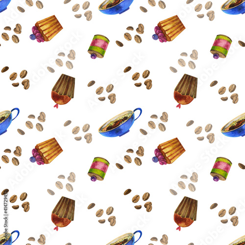 Watercolor seamless dynamic coffee pattern. Blue coffee cup, cupcakes, cake, coffee beans. For the design of menus, postcards, wrapping paper.