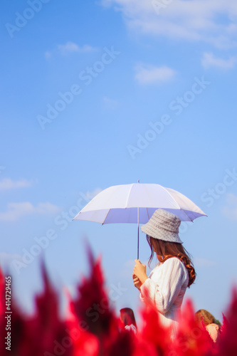 A woman in a vintage dress  wearing a hat and holding a white umbrella  walks alone in the morning in the beautiful red flower garden looking for her lover. The concept of loneliness of a young woman