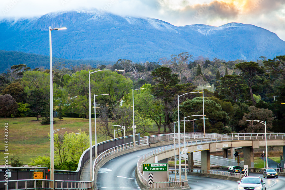 View to Hobart highway with mountain landscape