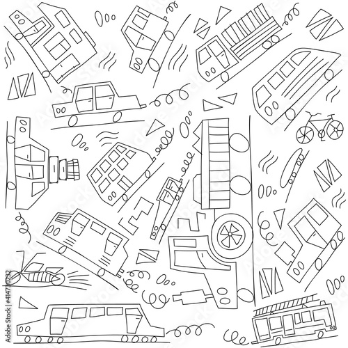 Vector black and white doodle monoline cars. Seamless baby boy pattern monoline. Texture for wallpaper, fills, web page background