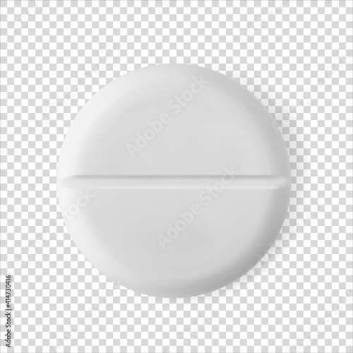 Round white pill realistic 3d vector illustration. Universal tablet closeup isolated medicament. Healthcare and medicine. Painkiller or antibiotic mockup