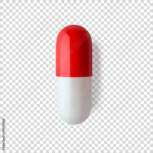 Red white capsule pill realistic vector illustration. Сloseup isolated medicament. Healthcare and medicine. Painkiller or antibiotic mockup