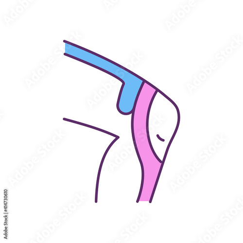 Applying kinesio tape for knee pain RGB color icon. Kneecap support. Effective pain relief. Stretchy sports tape. Stabilizing joints and muscles. Taping technique. Isolated vector illustration