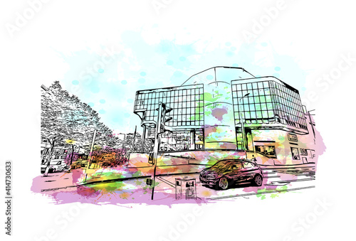 Building view with landmark of Nottingham is the
city in England. Watercolour splash with hand drawn sketch illustration in vector.