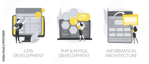 Backend development abstract concept vector illustration set. CMS development, PHP and MySql information architecture, website programmer, coding software, interface web design abstract metaphor.