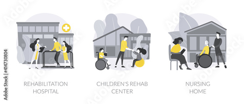 Medical facility abstract concept vector illustration set. Rehabilitation hospital, childrens healthcare center, nursing home, medical conditions, mental health care, retiree house abstract metaphor.