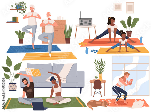 Sport at home scenes set. Training during quarantine. People go in for sports in apartment. Stay home concept. Man and woman doing yoga and stretching together. Vector illustration in flat style