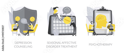 Mental health condition abstract concept vector illustration set. Depression counseling, seasonal affective disorder treatment, psychotherapy, behavioral cognitive therapy abstract metaphor.
