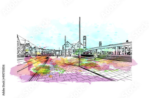 Building view with landmark of Nottingham is the
city in England. Watercolour splash with hand drawn sketch illustration in vector.