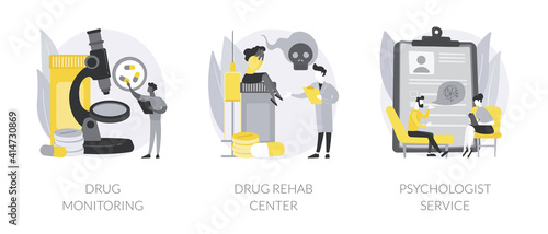 Abuse rehabilitation abstract concept vector illustration set. Drug monitoring, rehab center, psychologist service, primary healthcare, addiction therapy clinic, mental health abstract metaphor.
