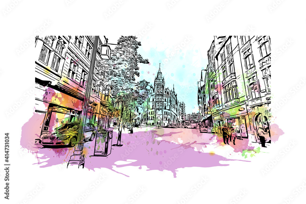 Building view with landmark of Nottingham is the
city in England. Watercolour splash with hand drawn sketch illustration in vector.