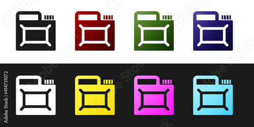 Set Canister for motor machine oil icon isolated on black and white background. Oil gallon. Oil change service and repair. Engine oil sign. Vector.