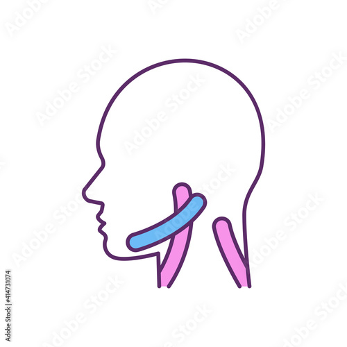 Treatment for neck pain RGB color icon. Therapeutic taping. Relaxing muscles. Performing lifting action. Prevention cramps and spasms. Relieving muscle tissue. Isolated vector illustration