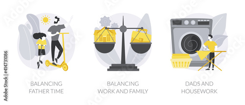 Happy family abstract concept vector illustration set. Balancing father time, work and family balance, dads and housework, time together, chores at home, time management abstract metaphor.