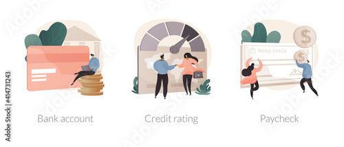 Financial services abstract concept vector illustration set. Bank account, credit rating, paycheck cash, card details, electronic savings deposit, salary statement, company score abstract metaphor.