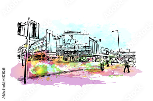 Building view with landmark of Nottingham is the
city in England. Watercolour splash with hand drawn sketch illustration in vector.