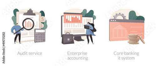 Business finance abstract concept vector illustration set. Audit service, enterprise accounting, core banking IT system, consulting company, financial transaction, clients deposit abstract metaphor.