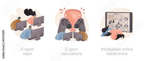 Gaming platform abstract concept vector illustration set. E-sport team and tournament streaming, multiplayer online battle arena, online sport league, game official event abstract metaphor.