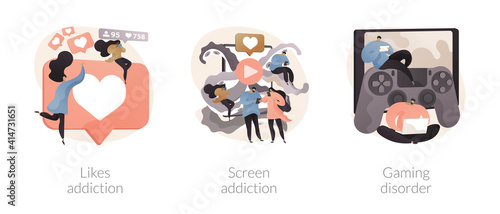 Digital overload abstract concept vector illustration set. Likes and screen addiction, social media, gaming disorder, selfie posting, video game addict, mental health problem abstract metaphor.