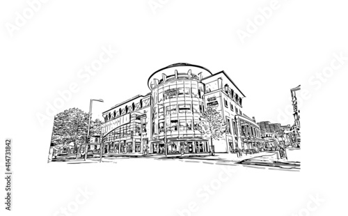 Building view with landmark of Nottingham is the
city in England. Hand drawn sketch illustration in vector.